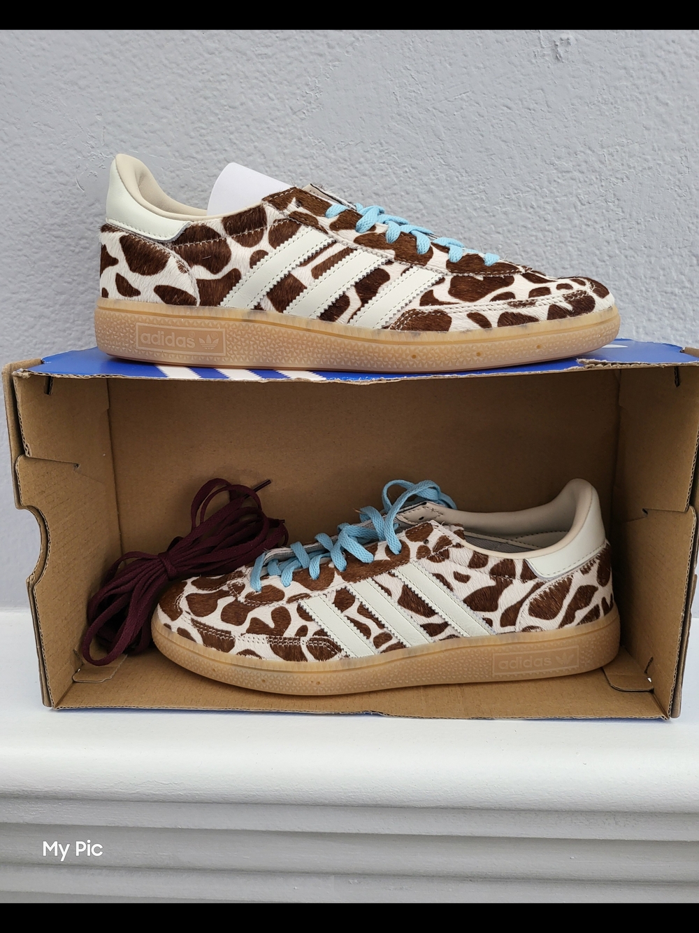 Adidas Women Handball Spezial Giraffe Print Sneakers with Light Blue Laces